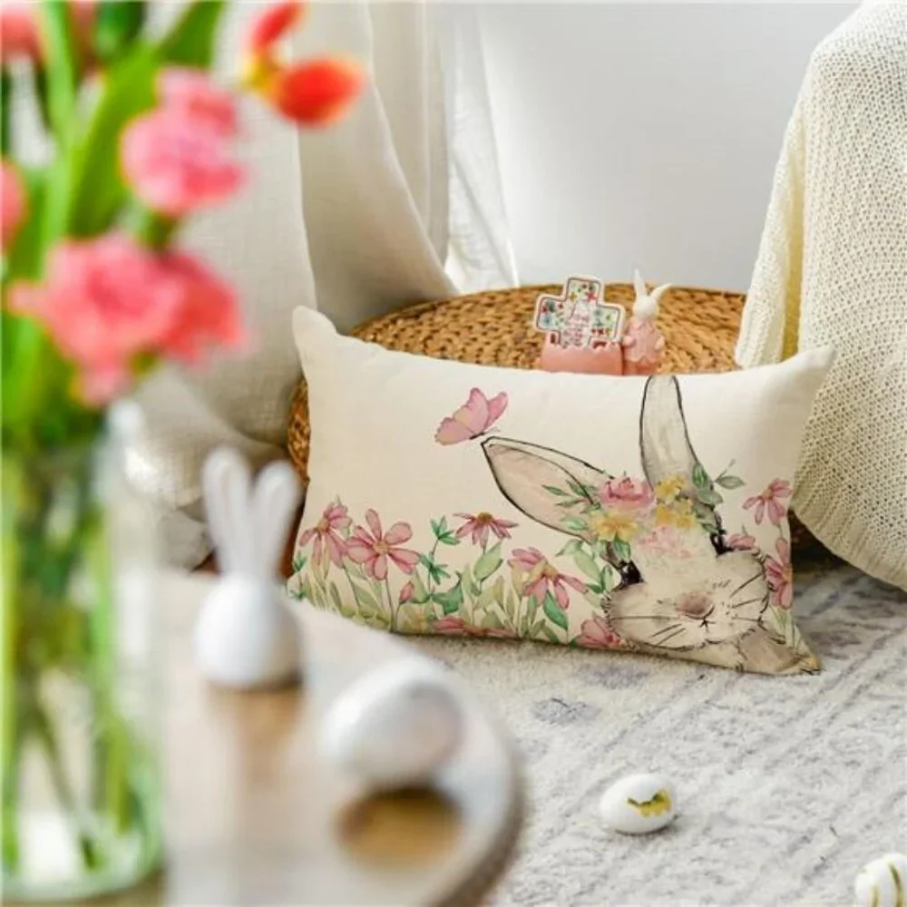 Easter Floral Garland Bunny Throw Pillow Cover, 12 x 20 Inch